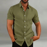 Men's Casual Cotton And Linen Solid Color Short Sleeved Shirt 35252025Y