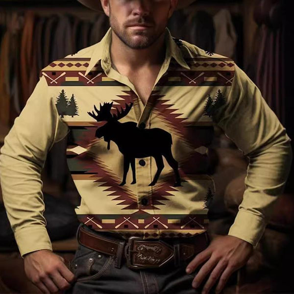 Men's Western Cowboy Vintage Art Print Long Sleeve Shirt 33098987X