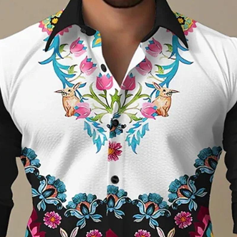 Men's Floral Print Long Sleeve Lapel Shirt 73011023X