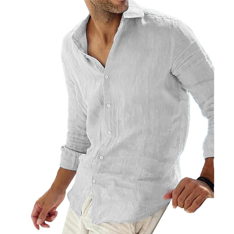 Men's Casual Solid Color Cotton Linen Lapel Collar Breathable Long Sleeve Shirt 78653851Y