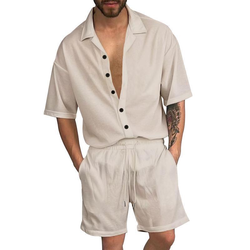 Men's Casual Solid Color Lapel Short Sleeve Shirt Drawstring Shorts Set 92220276Y