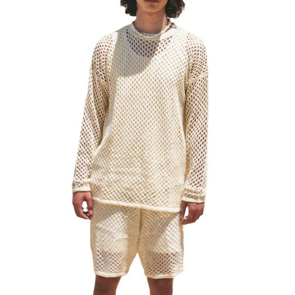 Men's Solid Hollow Out Loose Round Neck Long Sleeve Top Shorts Casual Set 87890042Z