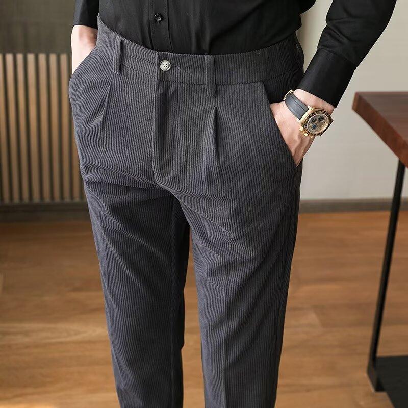 Men's Casual Business Solid Color Corduroy Straight Suit Pants 16316009Y