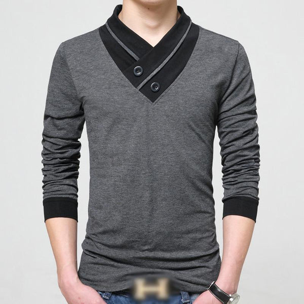 Men's Casual V-Neck Contrast Patchwork Long-Sleeved T-Shirt 38972461M