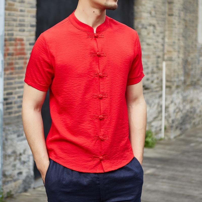 Camicia da uomo vintage con colletto alto in cotone e lino a maniche corte 40504441M