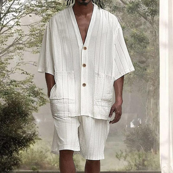 Men's Fashion Loose Striped V Neck Half Sleeve Shirt Shorts Casual Set 32615403Z