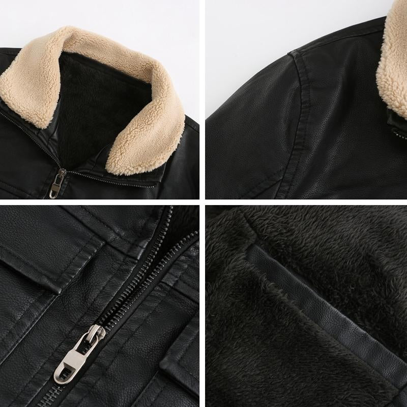 Men's Vintage Solid Color Multi-Pocket Lapel Warm Shearling Jacket 80356567Y