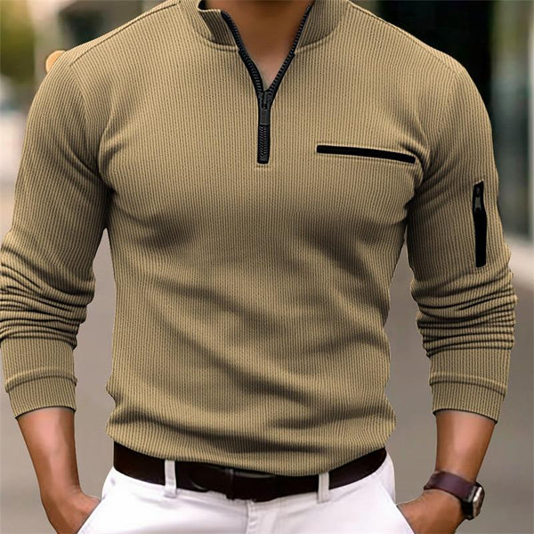 Men's Solid Striped Stand Collar Long Sleeve Polo Shirt 09169706Z