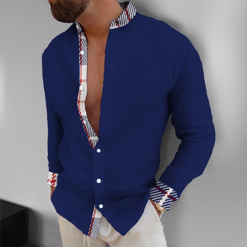 Men's Casual Plaid Color Block Stand Collar Long Sleeve Shirt 24623953TO