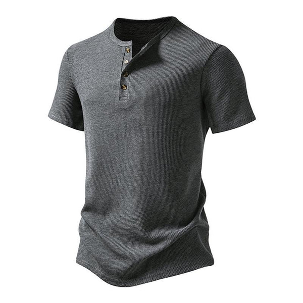 Men's Casual Solid Color Waffle Henley Neck Slim Fit Short Sleeve T-Shirt 45192566M