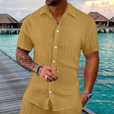 Men's Solid Color Beach Pleated Short Sleeve Shirt 54907046Y