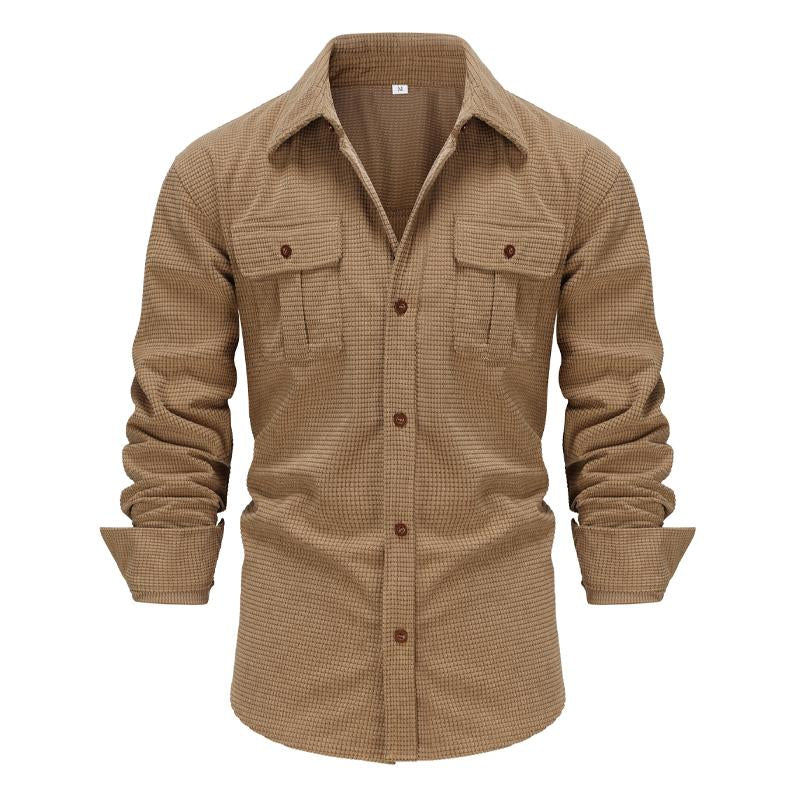 Men's Retro Solid Color Long-sleeved Plaid Texture Corduroy Lapel Shirt 35399036X