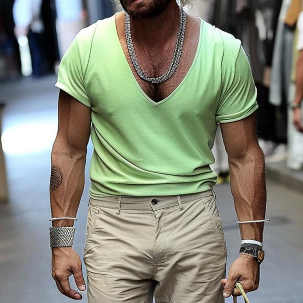 Men's Casual Solid Color Slim Fit V-neck Short-sleeved T-shirt 77481264TO