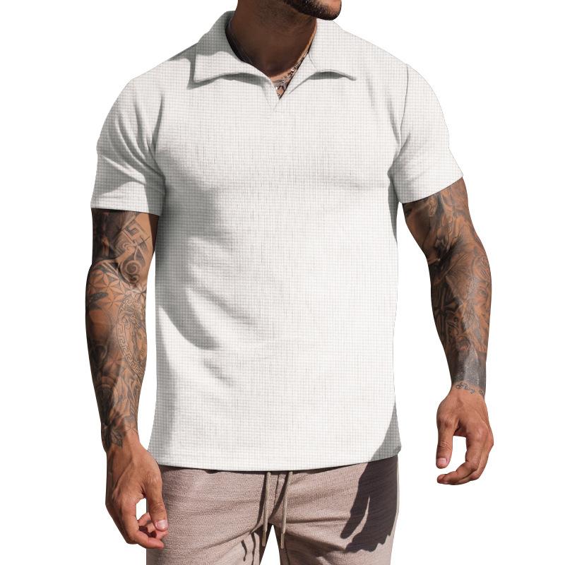 Men's Waffle Loose Short Sleeve Solid Color Casual Lapel Polo Shirt 49265793Z