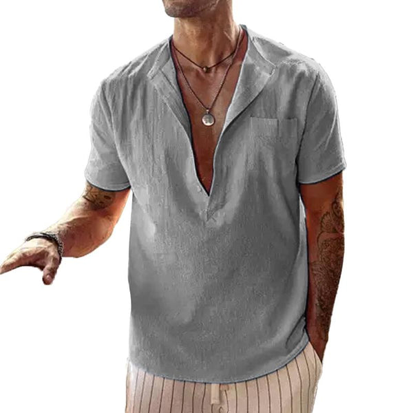 Men's Casual Loose Solid Color V Neck Chest Pocket Short Sleeve Shirt 05403253Y
