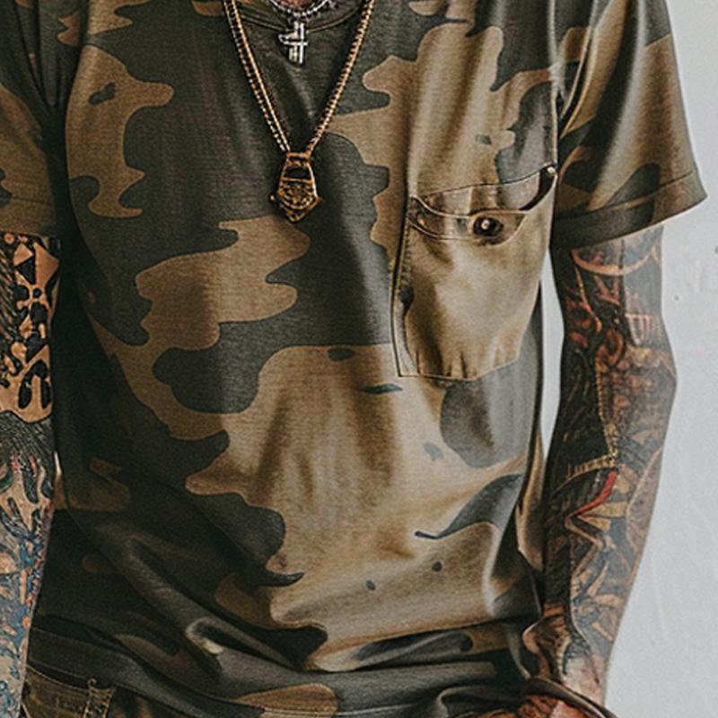 【24-hour shipping】Men's Vintage Camo Print V-Neck Chest Pocket Short Sleeve T-Shirt 79510104Y