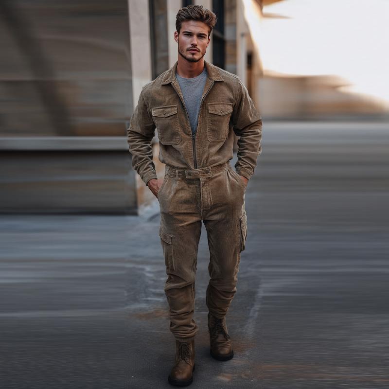 Men Fashion Lapel Zipper Multi-pocket Corduroy Cargo Jumpsuit 02626150Y