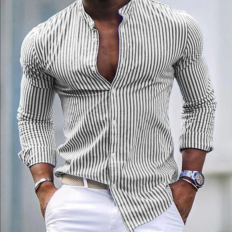 Men's Stripe Print Casual Fashion Stand Collar Shirt 14381228X