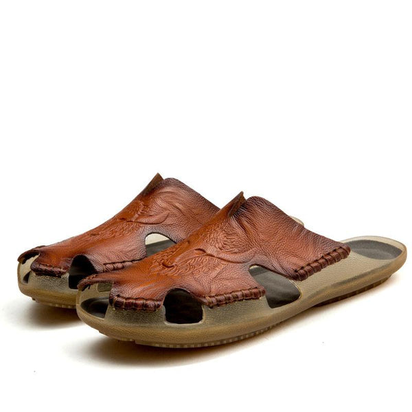 Men's Vintage Cowhide Non-slip Toe Cap Beach Slippers 36764131M