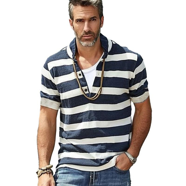 Men's Striped Henley Collar Short Sleeve T-Shirt 44432865Y