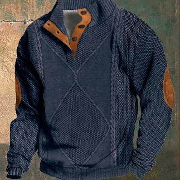 Men's Stand Collar Contrasting Color Pullover Diamond Texture Knitted Sweater 67225206X