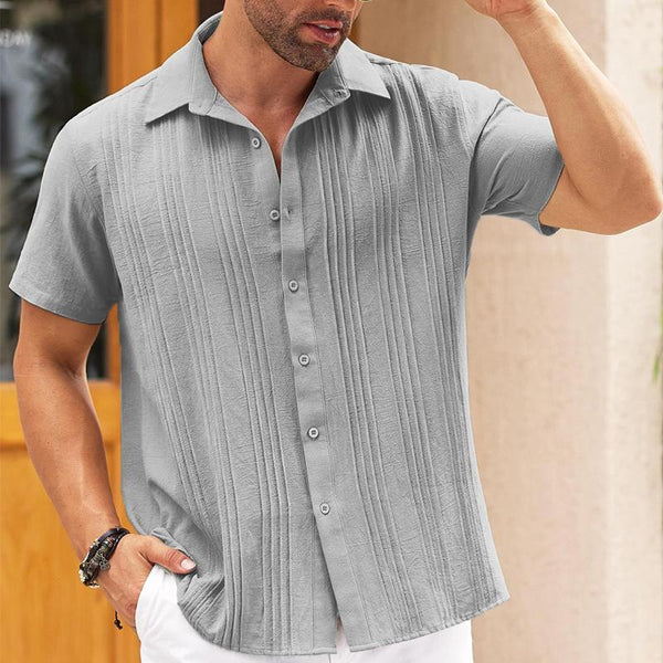 Men's Solid Color Pleated Lapel Short Sleeve Shirt 75344535Y