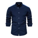 Men's Casual Oxford Fabric Color Block Lapel Long Sleeve Shirt 60430341M