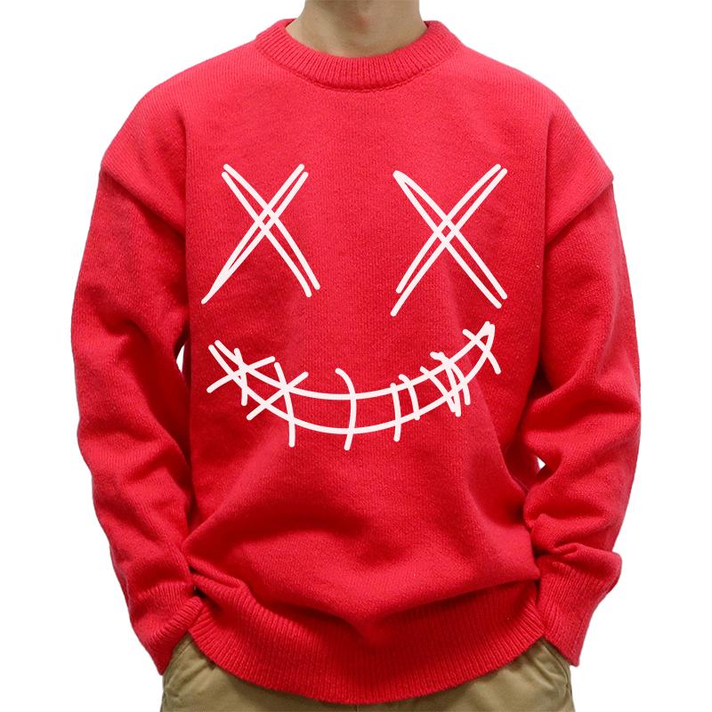 Men's Casual Round Neck Smiley Print Long Sleeve Pullover Sweater 57395732M