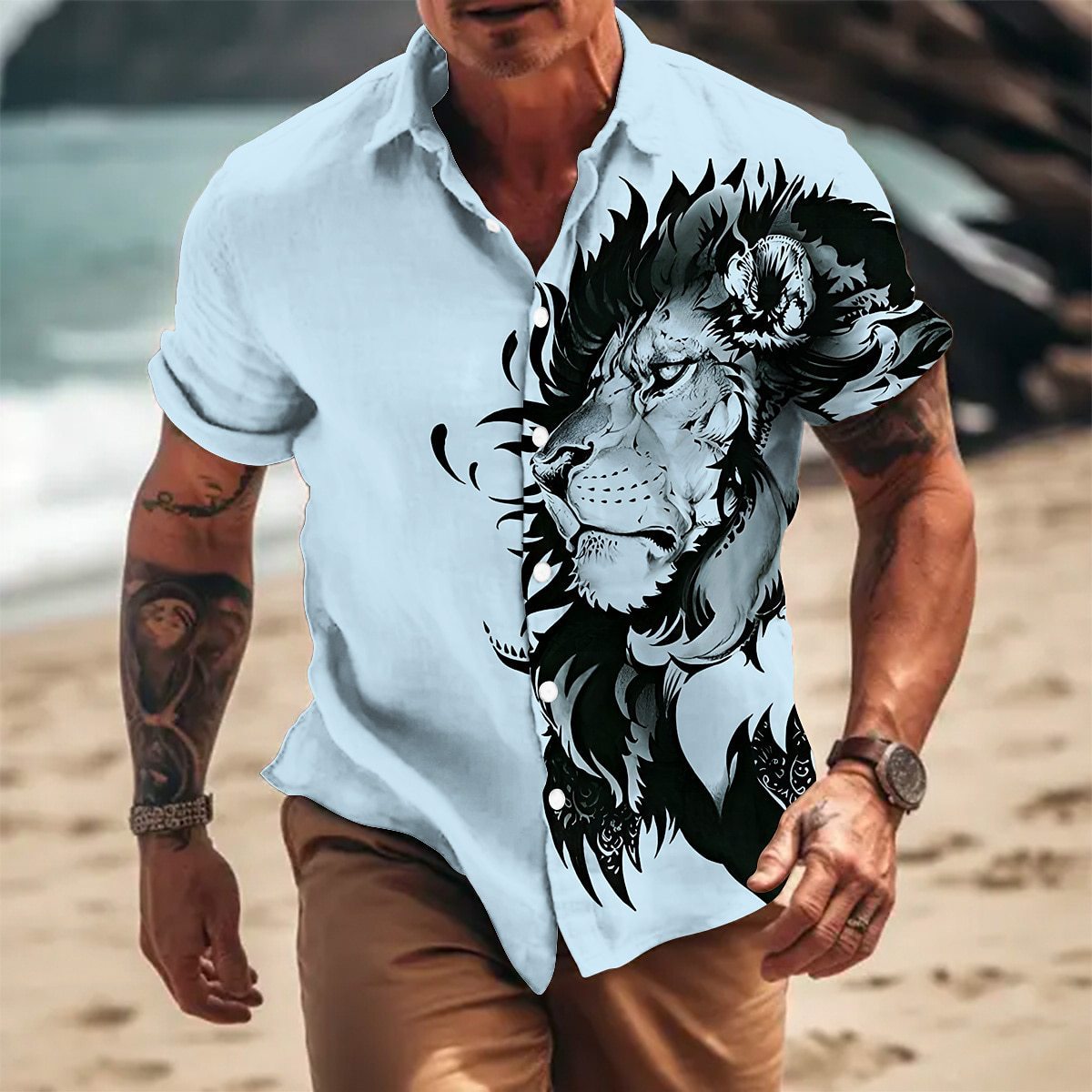 Men's Tiger Print Lapel Short Sleeve Shirt 00275490U