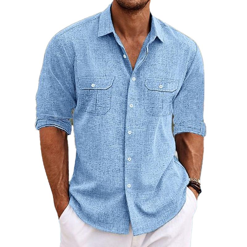 Men's Casual Solid Color Double Breast Pocket Long Sleeve Shirt 69143202Y