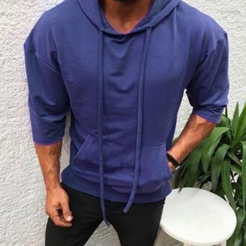 Men's Casual Solid Color Three Quarter Sleeve Hooded T-Shirt 97953922Y