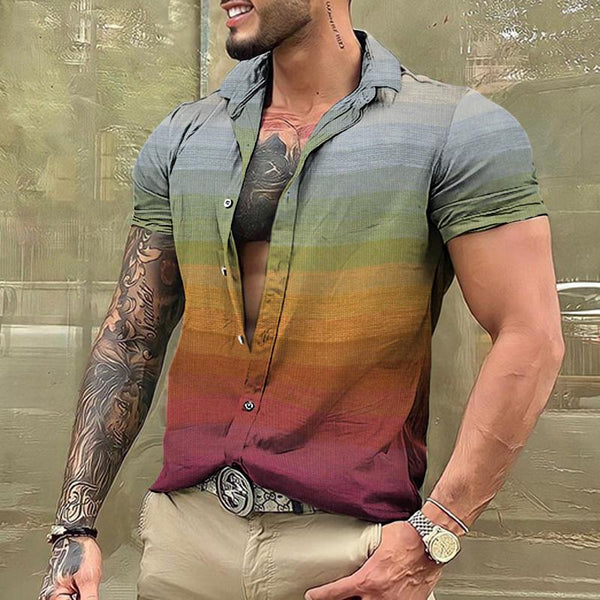 Men's Retro Rainbow Stripe Lapel Short Sleeve Shirt 52770602TO