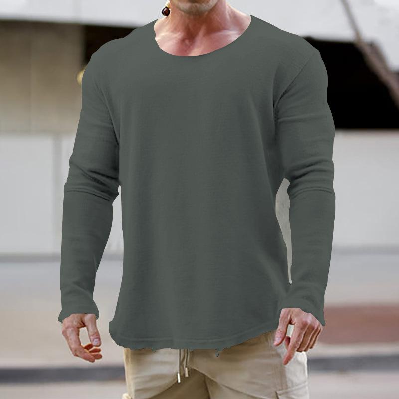 Men's Casual Retro Solid Color Round Neck Long Sleeve T-shirt 04451010TO