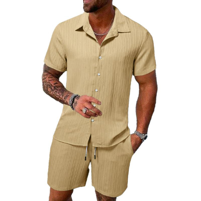 Men's Solid Color Striped Lapel Short Sleeve Shorts Casual Set  63428764X