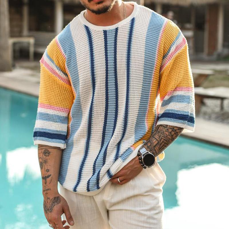 Men's Casual Round Neck Half Sleeve Contrasting Color Striped Knitted Sweater 97152434M