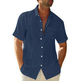 Men's Casual Cotton Linen Lapel Pocket Single Breasted Short Sleeve Shirt 28018313M