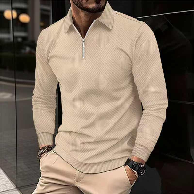 Men's Solid Color Jacquard Lapel Long Sleeve Casual Polo Shirt 35873953Z