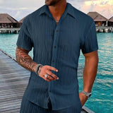 Men's Solid Color Beach Pleated Short Sleeve Shirt 54907046Y