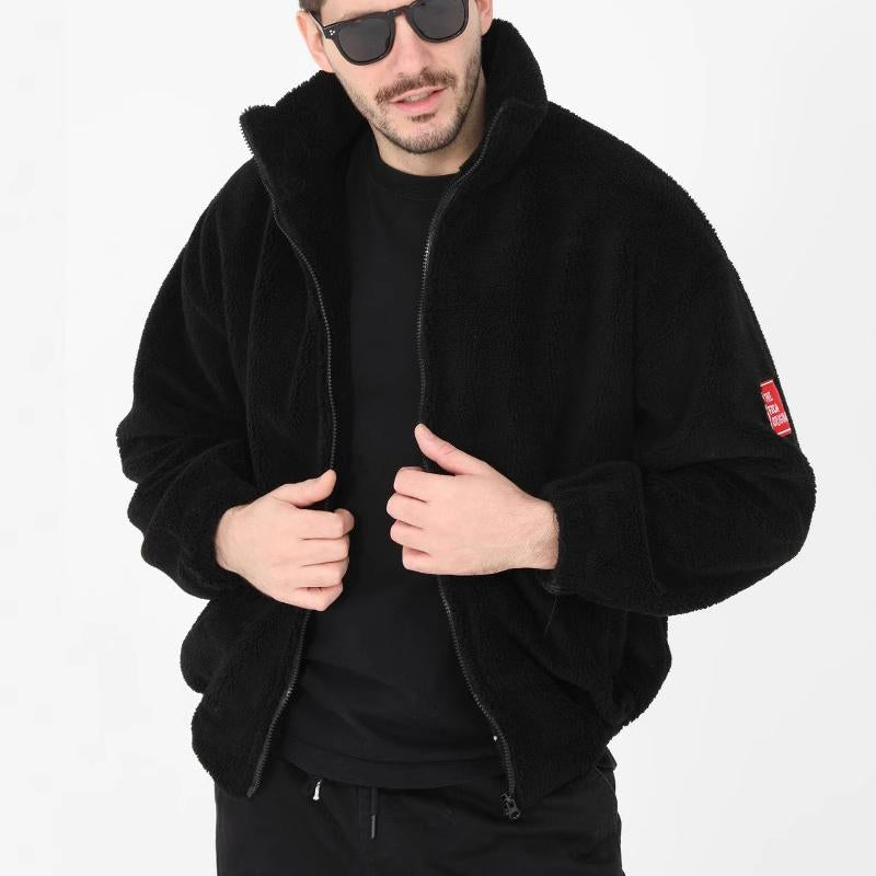 Giacca da uomo in pelle di agnello con colletto in piedi con cerniera in tinta unita 64868037U