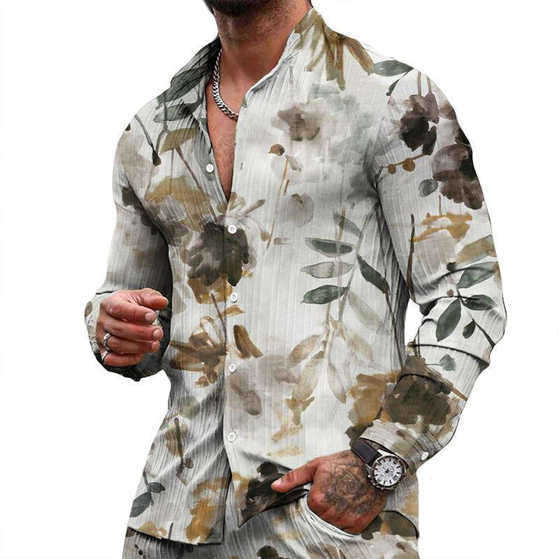 Men's Casual Floral Stand Collar Long Sleeve Shirt 13666785TO