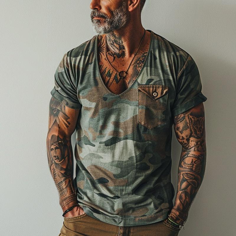 Men's Vintage Camo Print V-Neck Chest Pocket Short Sleeve T-Shirt 68738884Y