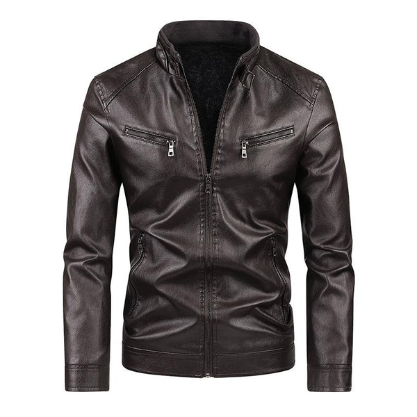 Men's Vintage Zippered Biker Collar Leather Jacket 53976730Y