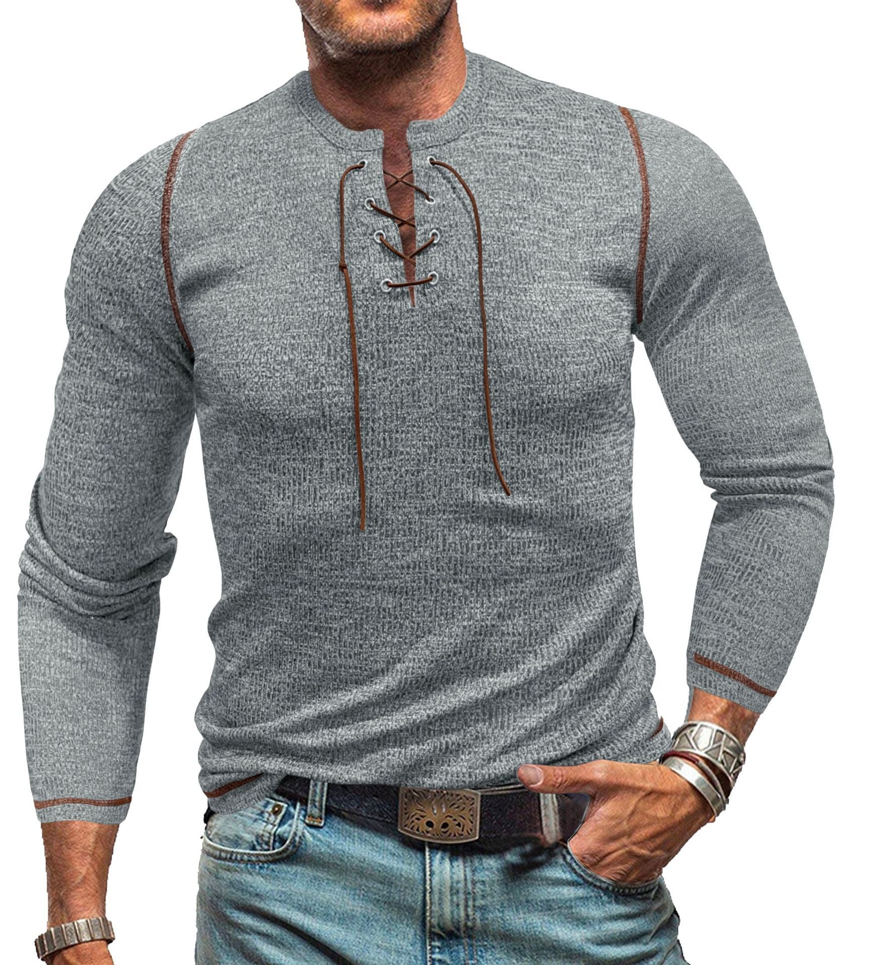 Maglietta Henley da uomo a maniche lunghe con collo a giro e cravatta 83787856X