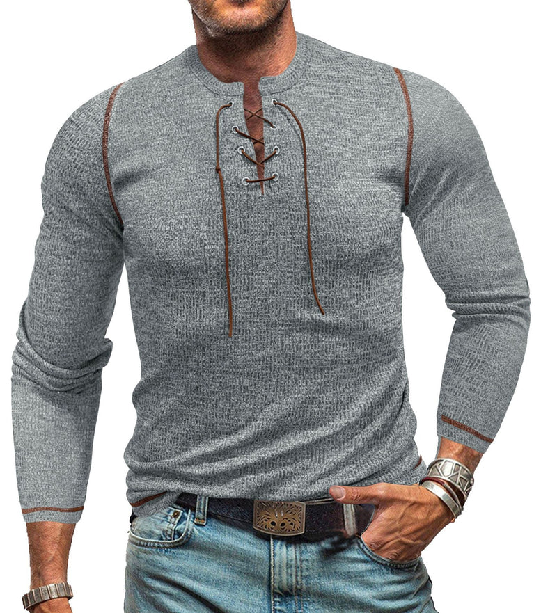 Men's Crew Neck Tie Long Sleeve Outdoor Henley T-Shirt 83787856X