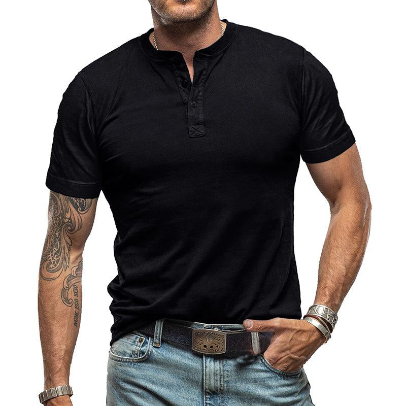 Camiseta vintage de manga corta y cuello henley de color sólido para hombre 99269418Y