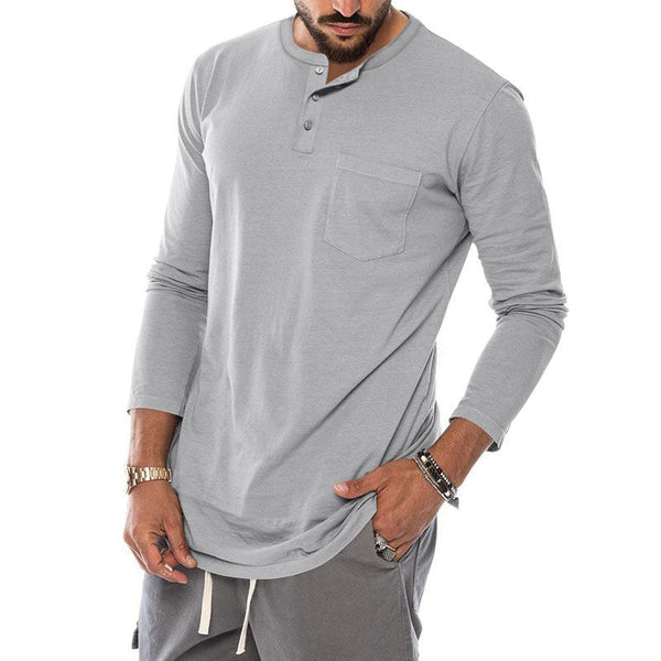 Men's Casual Solid Color Henley Collar Breast Pocket Long Sleeve T-Shirt 66362092Y