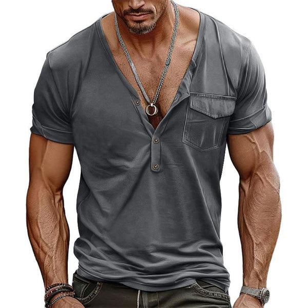 Men's Casual Henley V-Neck Slim Fit Chest Pocket Short Sleeve T-Shirt 34894607Y