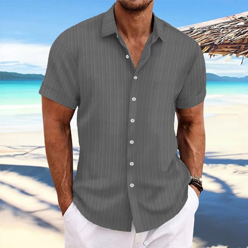 Camicia da uomo in cotone e lino a righe con risvolto, manica corta, ampia, 89995369X