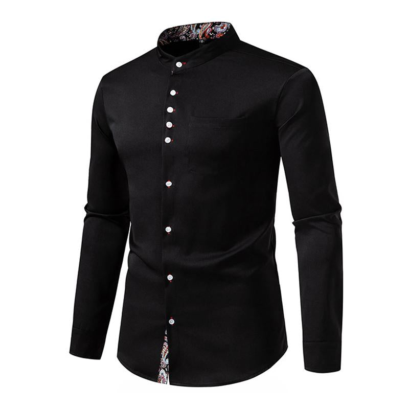 Men's Retro Stand Collar Cashew Flower Colorblock Lapel Slim Fit Long Sleeve Shirt 91044438M