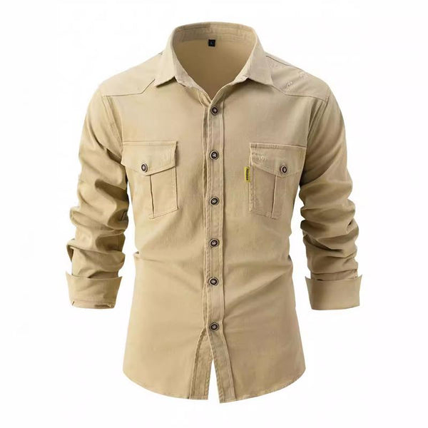 Men's Solid Color Washed Cotton Casual Long Sleeve Shirt 90834713X